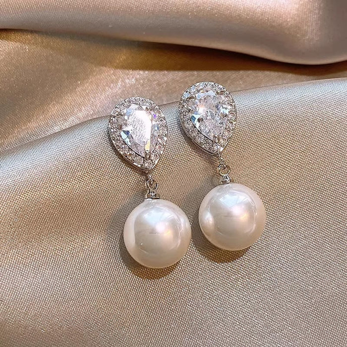 Elegant Water Drop Zircon Faux Pearl Dangle Earrings, Simple Classic Everyday Jewelry