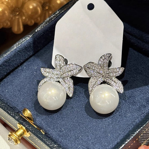 Flower Zircon Faux Pearl Drop Earrings, Elegant Wedding Banquet Engagement Jewelry Accessories