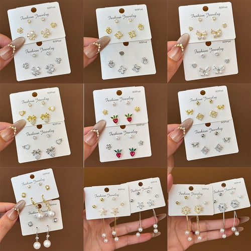 Sterling Silver Needle Gold Plated Stud Earring Set With Heart Tassel Pearl Earrings