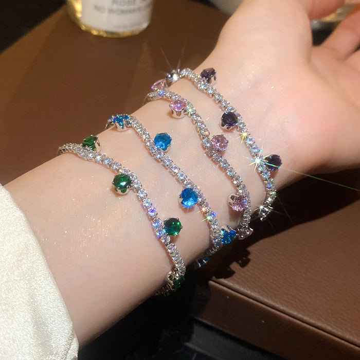 Light Luxury Copper Bangle With Colorful Zircon Round Flower Geometric Design