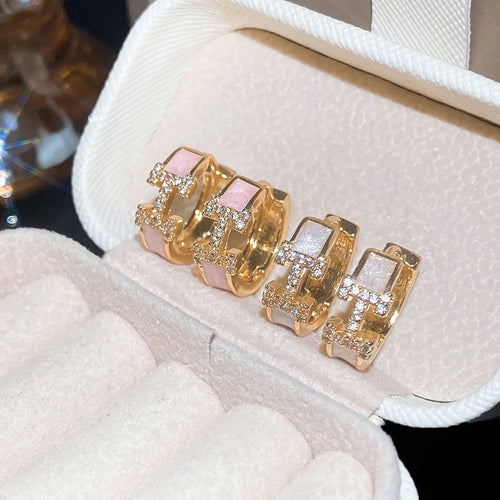 Light Luxury Copper Zircon Enamel Round Hoop Earrings For Women Sweet Minimalist Ear Jewelry