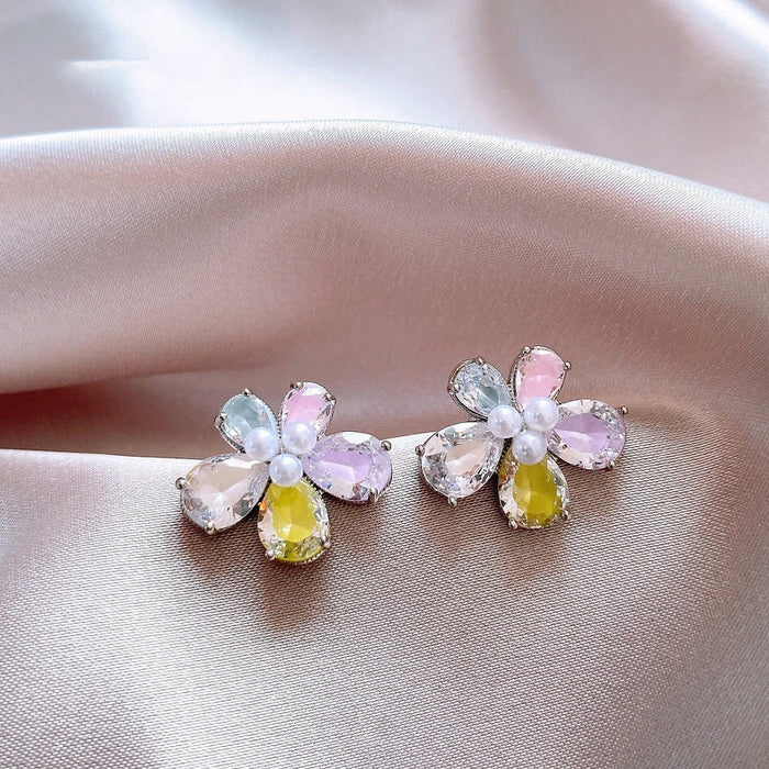 Sweet Dopamine Copper Flower Pearl Zircon Stud Earrings With Silver Pins For Women