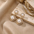 Elegant French Vintage Pearl Drop Earrings With Gold Alloy Round Zircon Rhinestone Luxury Dangle Earrings view 2