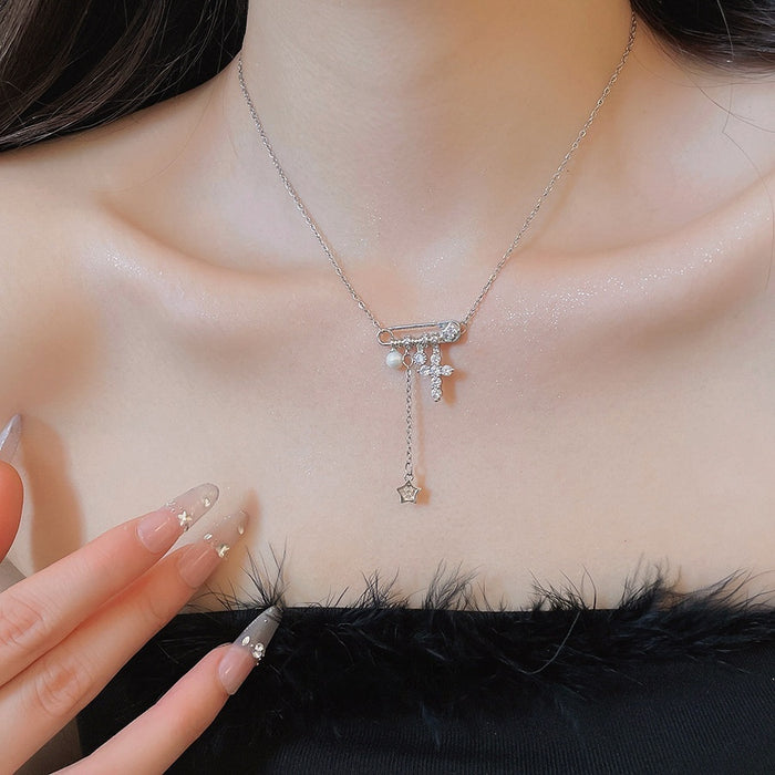 2026 French Light Luxury Faux Pearl Zircon Star Brooch Cross Geometric Choker Necklace