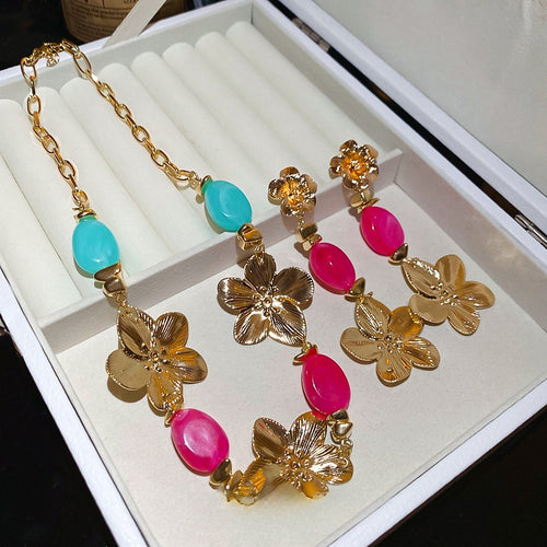 European Bohemian Alloy Acrylic Flower Pendant Necklace Stud Earrings Jewelry Set