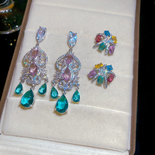 2026 Light Luxury Copper Drop Earrings With Colorful Zircon Oval Star Tassel Palace Style