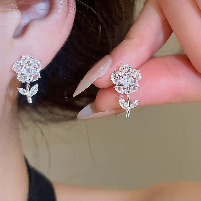 Light Luxury Copper Zircon Flower Stud Earrings For Women, Sparkling Sweet Floral Design