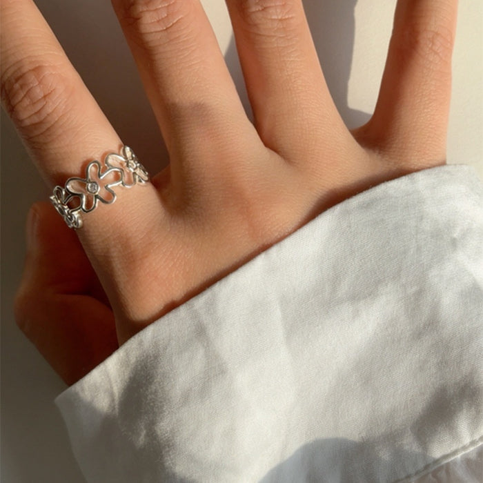 Sparkling Zircon Hollow Flower Open Ring With Luxury Design For Women