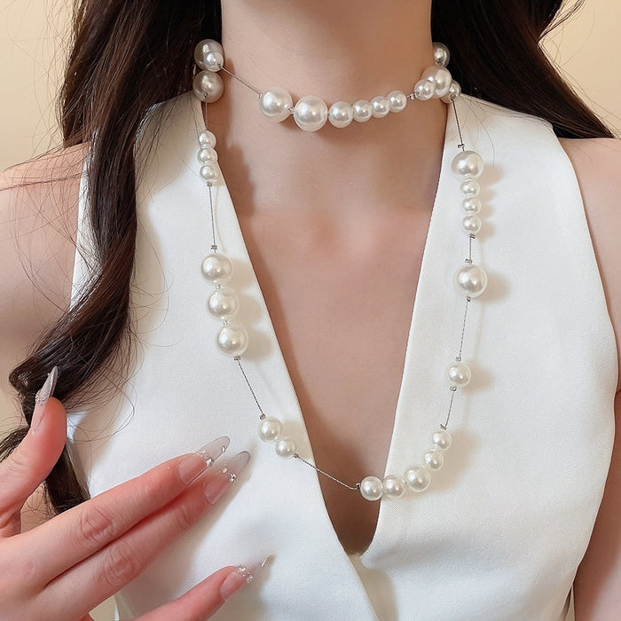 Old Money Style Faux Pearl Beaded Geometric Round Sweater Necklace For Women