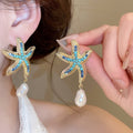 Alloy Rhinestone Starfish Pearl Stud Earrings, Fashion Vacation Style Star Design view 2