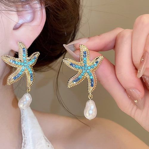 Alloy Rhinestone Starfish Pearl Stud Earrings, Fashion Vacation Style Star Design