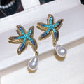 Alloy Rhinestone Starfish Pearl Stud Earrings, Fashion Vacation Style Star Design view 3