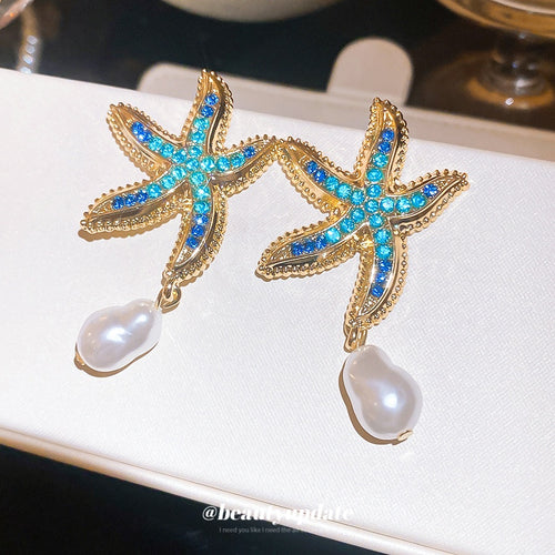 Alloy Rhinestone Starfish Pearl Stud Earrings, Fashion Vacation Style Star Design