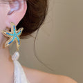 Alloy Rhinestone Starfish Pearl Stud Earrings, Fashion Vacation Style Star Design view 4