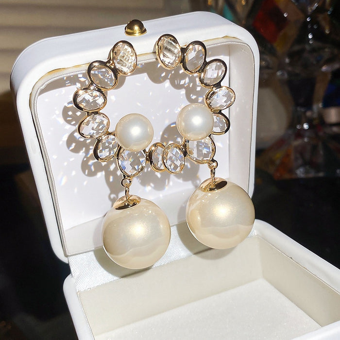 French Vintage Geometric Faux Crystal Pearl Stud Earrings With Silver Pins