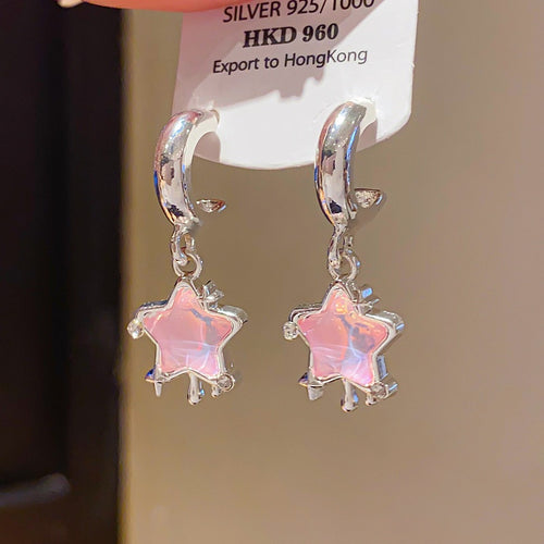 Cute Resin Star C-Shaped Stud Earrings With Silver Posts And Rhinestone Sweet Style