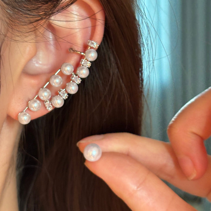 French Asymmetric Zircon Faux Pearl Clip-on Earrings for Women, Round Fashion Ear Jewelry