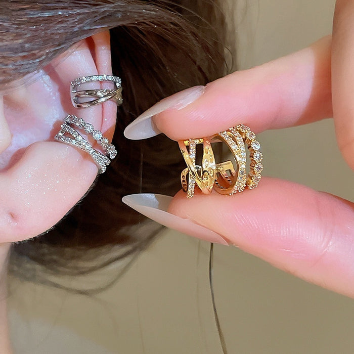 Sparkling Zircon Three-Layer Cross Copper Clip-on Earrings No Piercing Korean Light Luxury Ear Cuff For Women