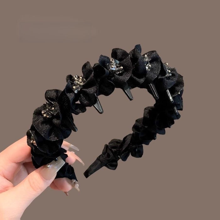 Black Rhinestone Pleated Headband With Non Slip Teeth