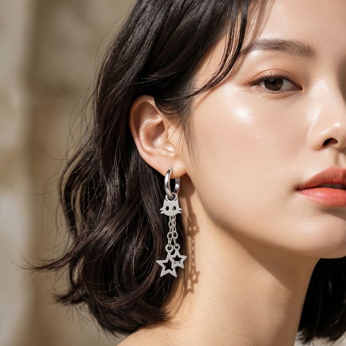 Cute Silver Alloy Cat Face And Star Tassel Chain Hoop Drop Pendant Ear Cuff Stud Earrings