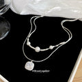 Light Luxury Copper Zircon Pearl Beaded Square Pendant Double Layer Choker Necklace view 2