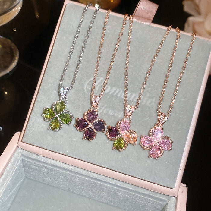 Copper Zircon Flower Teardrop Pendant Necklace Light Luxury Clavicle Choker For Women