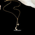 18K Gold Plated Copper Zircon Moon Star Pendant Necklace Vintage Light Luxury Choker view 2