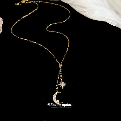 18K Gold Plated Copper Zircon Moon Star Pendant Necklace Vintage Light Luxury Choker
