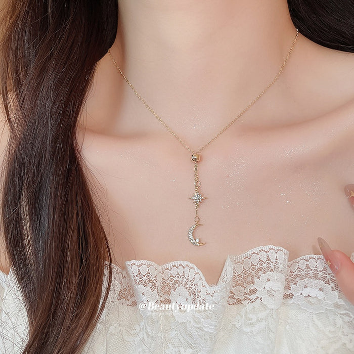 18K Gold Plated Copper Zircon Moon Star Pendant Necklace Vintage Light Luxury Choker
