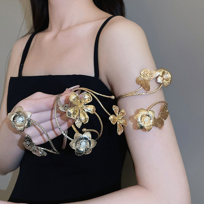 European Style Copper Pleated Butterfly Flower Starfish Arm Cuff Bangle For Women