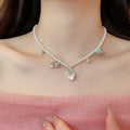 Light Luxury Faux Pearl Beaded Heart Zircon Butterfly Pendant Necklace Vintage Palace Choker For Women view 3