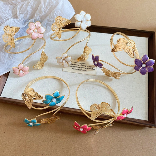 Monet Garden Butterfly Enamel Flower Iron Arm Cuff Bangle Sweet Forest Style Bracelet