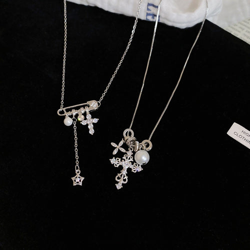 Copper Zircon Pearl Cross Star Pendant Necklace For Women Light Luxury Geometric Choker