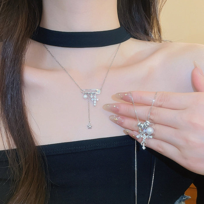Copper Zircon Pearl Cross Star Pendant Necklace For Women Light Luxury Geometric Choker