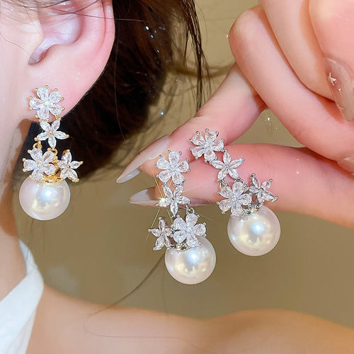 Light Luxury Floral Zircon Faux Pearl Stud Earrings, French Vintage Silver Post Style