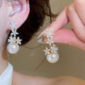 Light Luxury Floral Zircon Faux Pearl Stud Earrings, French Vintage Silver Post Style view 4
