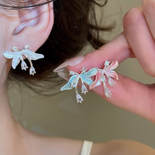 Korean Style Copper Zircon Flower Stud Earrings Sweet Light Luxury Fashion OL Jewelry