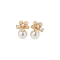 18K Gold Plated French Camellia Flower Zircon Faux Pearl Stud Earrings For Elegant Office Style view 5