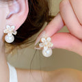 18K Gold Plated French Camellia Flower Zircon Faux Pearl Stud Earrings For Elegant Office Style view 3