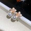 18K Gold Plated French Camellia Flower Zircon Faux Pearl Stud Earrings For Elegant Office Style view 2
