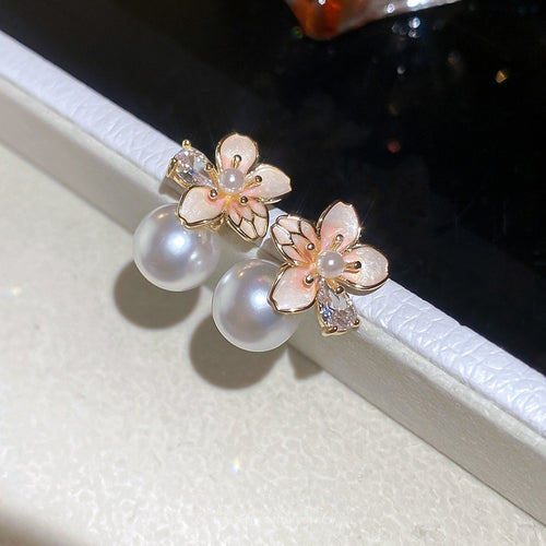 18K Gold Plated French Camellia Flower Zircon Faux Pearl Stud Earrings For Elegant Office Style