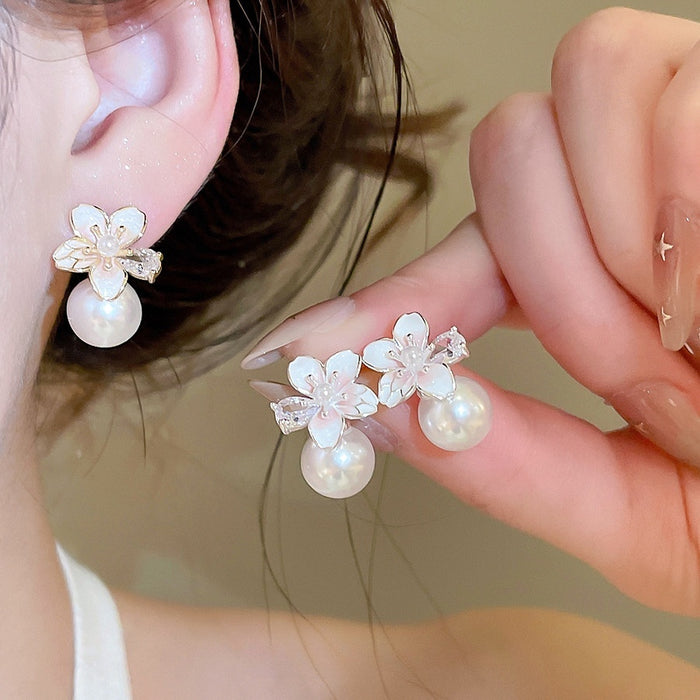 18K Gold Plated French Camellia Flower Zircon Faux Pearl Stud Earrings For Elegant Office Style