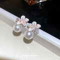 18K Gold Plated French Camellia Flower Zircon Faux Pearl Stud Earrings For Elegant Office Style view 4