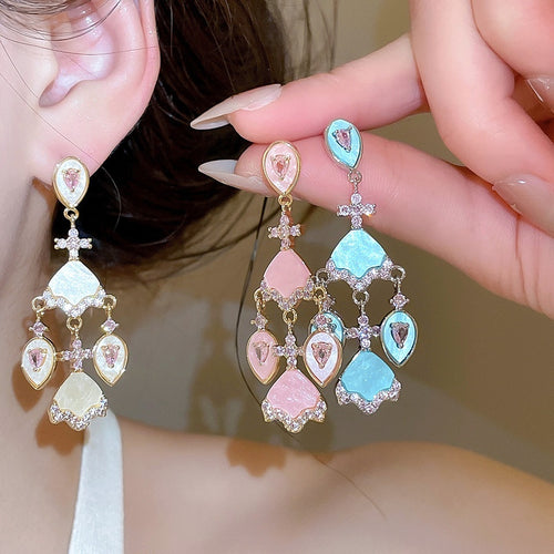 18K Gold Plated Acetate Waterdrop Fan Zircon Stud Earrings With Silver Posts Vintage Luxury