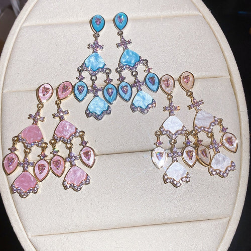 18K Gold Plated Acetate Waterdrop Fan Zircon Stud Earrings With Silver Posts Vintage Luxury