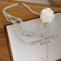 Sweet Vintage Fabric Flower Pearl Collarbone Necklace Earrings Ring Jewelry Set view 4