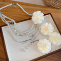 Sweet Vintage Fabric Flower Pearl Collarbone Necklace Earrings Ring Jewelry Set view 2