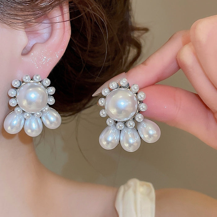 French Vintage Faux Pearl Round Waterdrop Stud Earrings For Women Elegant Geometric Silver Needle Jewelry