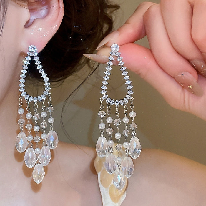 French Style Faux Crystal Tassel Long Drop Earrings, Geometric Teardrop Statement Jewelry