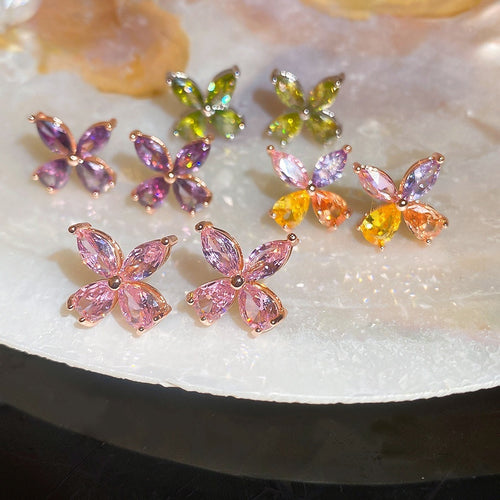 Light Luxury Copper Zircon Flower Stud Earrings With Silver Posts For Women